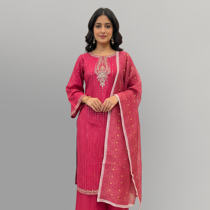 💚 Magenta Muse Embroidered 3-Piece Lawn Suit