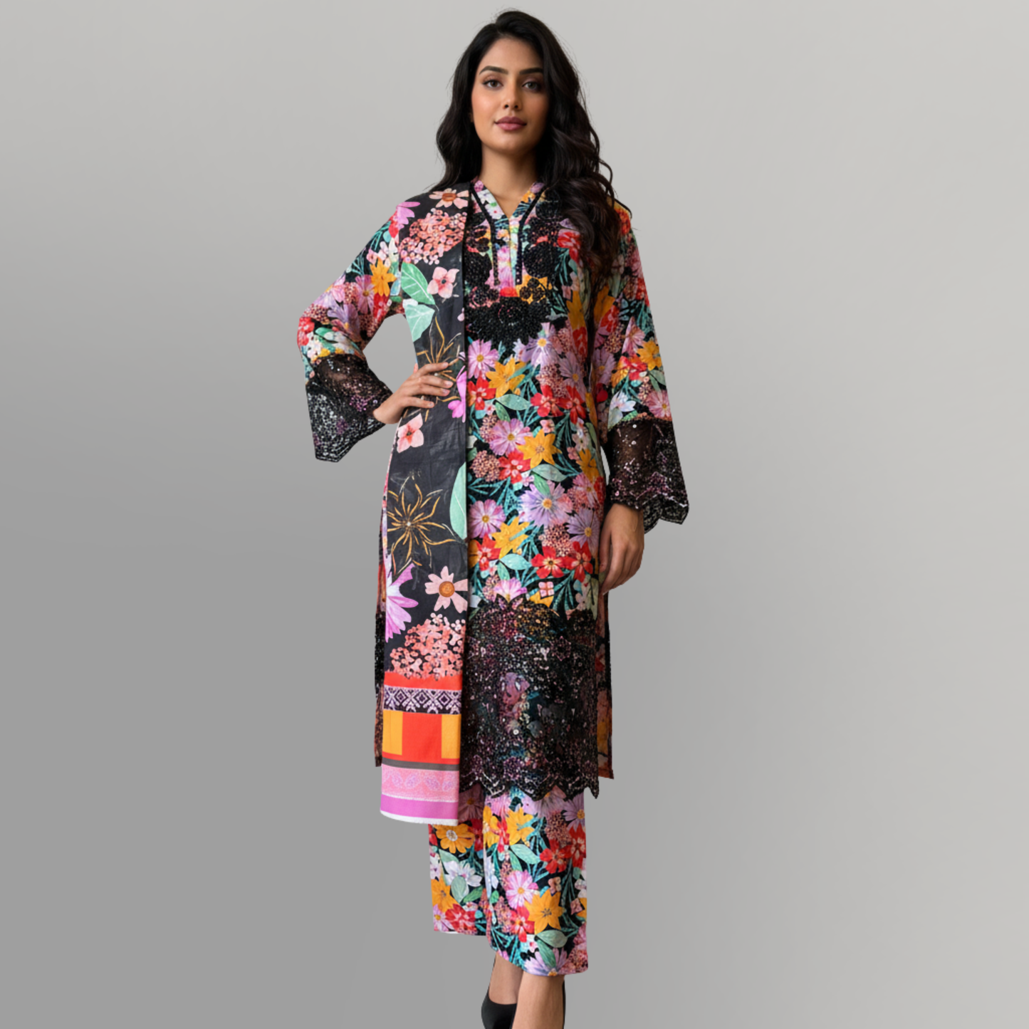 💚 Celestial Bloom Embroidered 3-Piece Lawn Suit