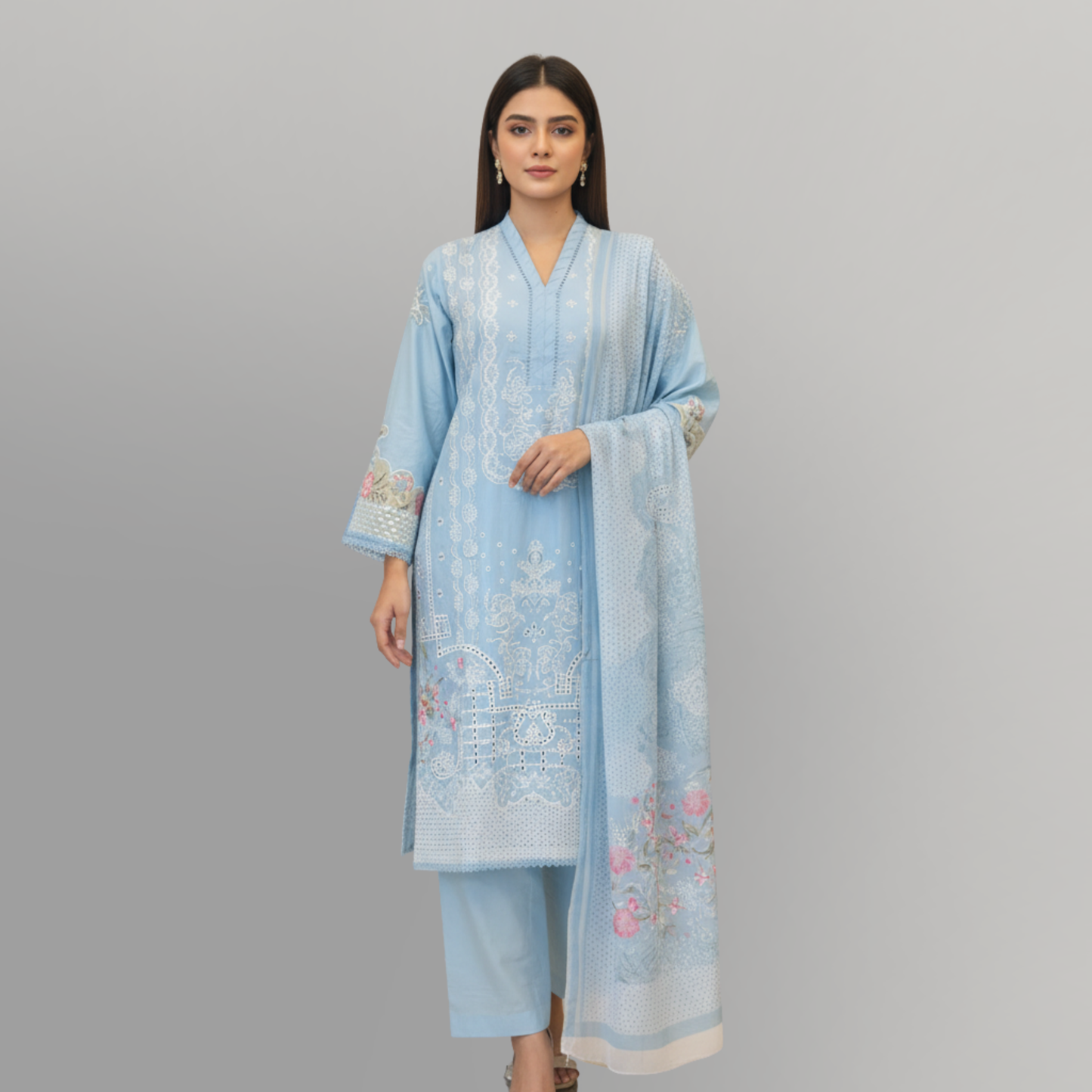 💚 Azure Mist Embroidered 3-Piece Lawn Suit