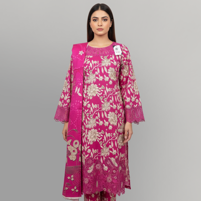 💚 Magenta Bloom Embroidered 3-Piece Lawn Suit