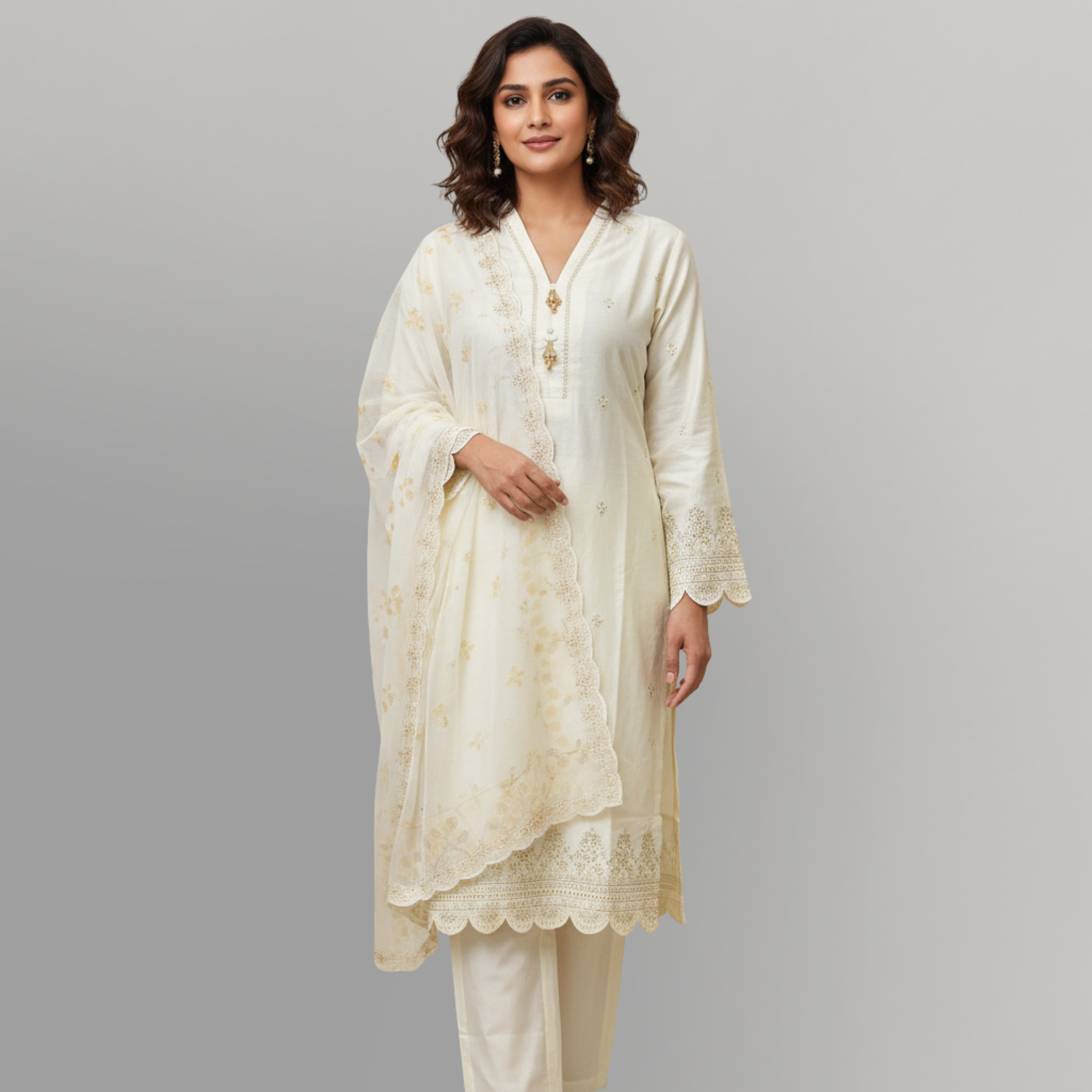 💚 Ivory Pearl Sequence Embroidered 3-Piece Lawn Suit
