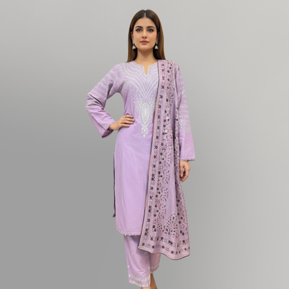 💚 Lilac Palm Embroidered 3-Piece Cotton Suit