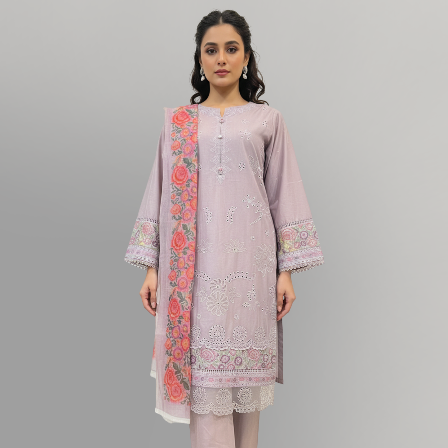 💚 Lilac Bliss Embroidered 3-Piece Lawn Suit