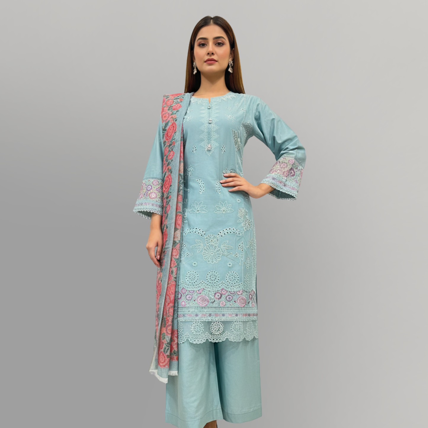 💚 Sea Green Serenity Embroidered 3-Piece Lawn Suit