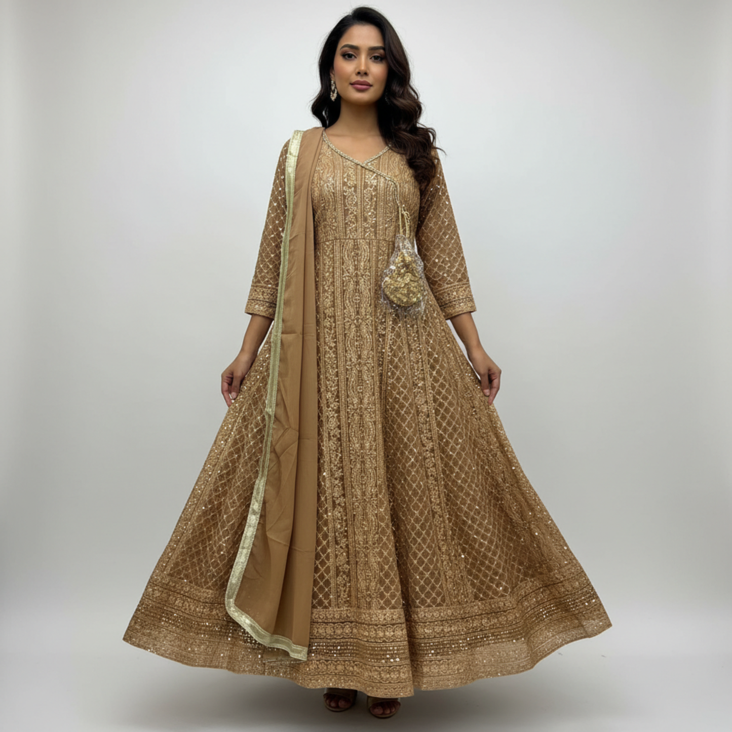 💚 Golden Sand Hand-Embellished Angrakha Gown