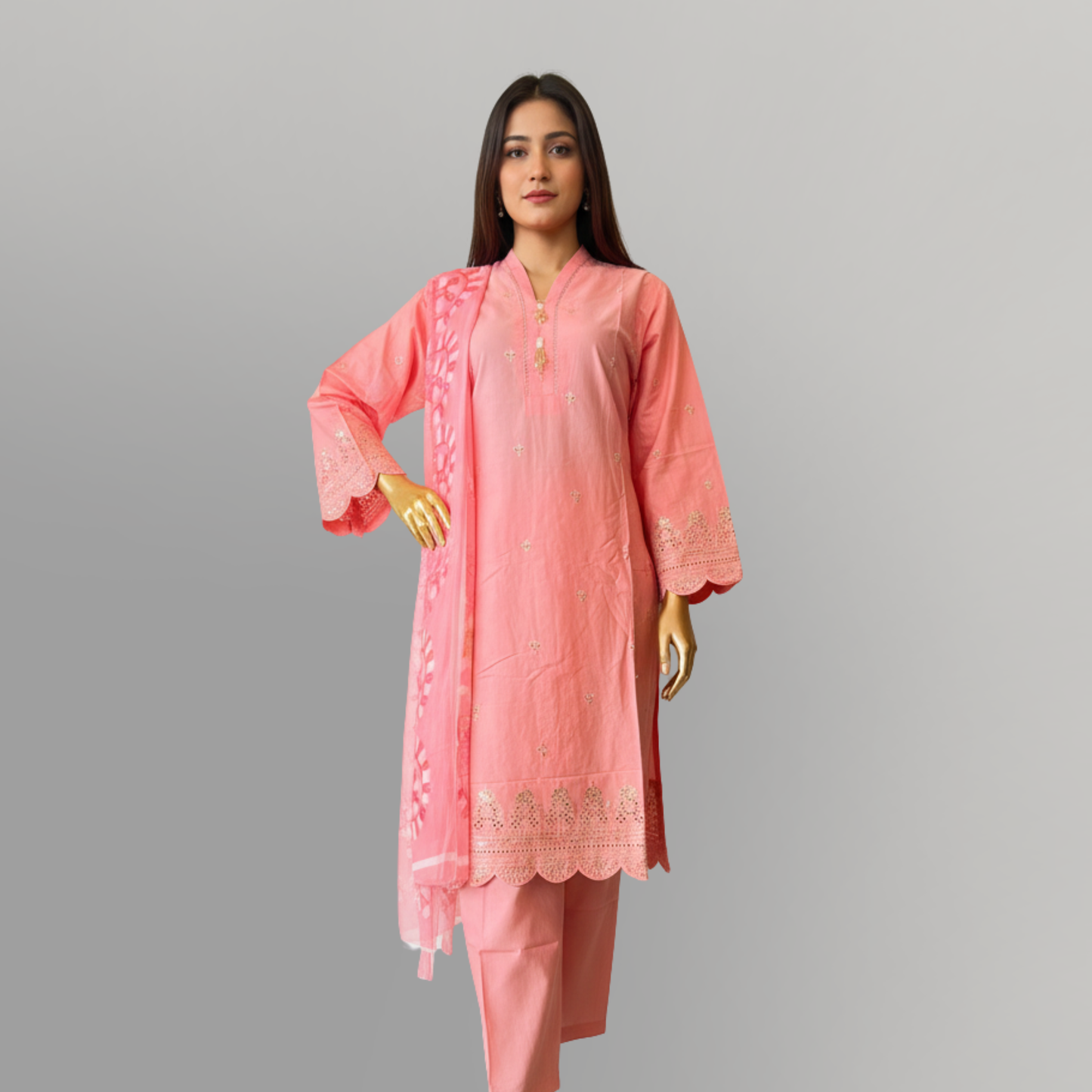 💚 Coral Glow Embroidered 3-Piece Lawn Suit