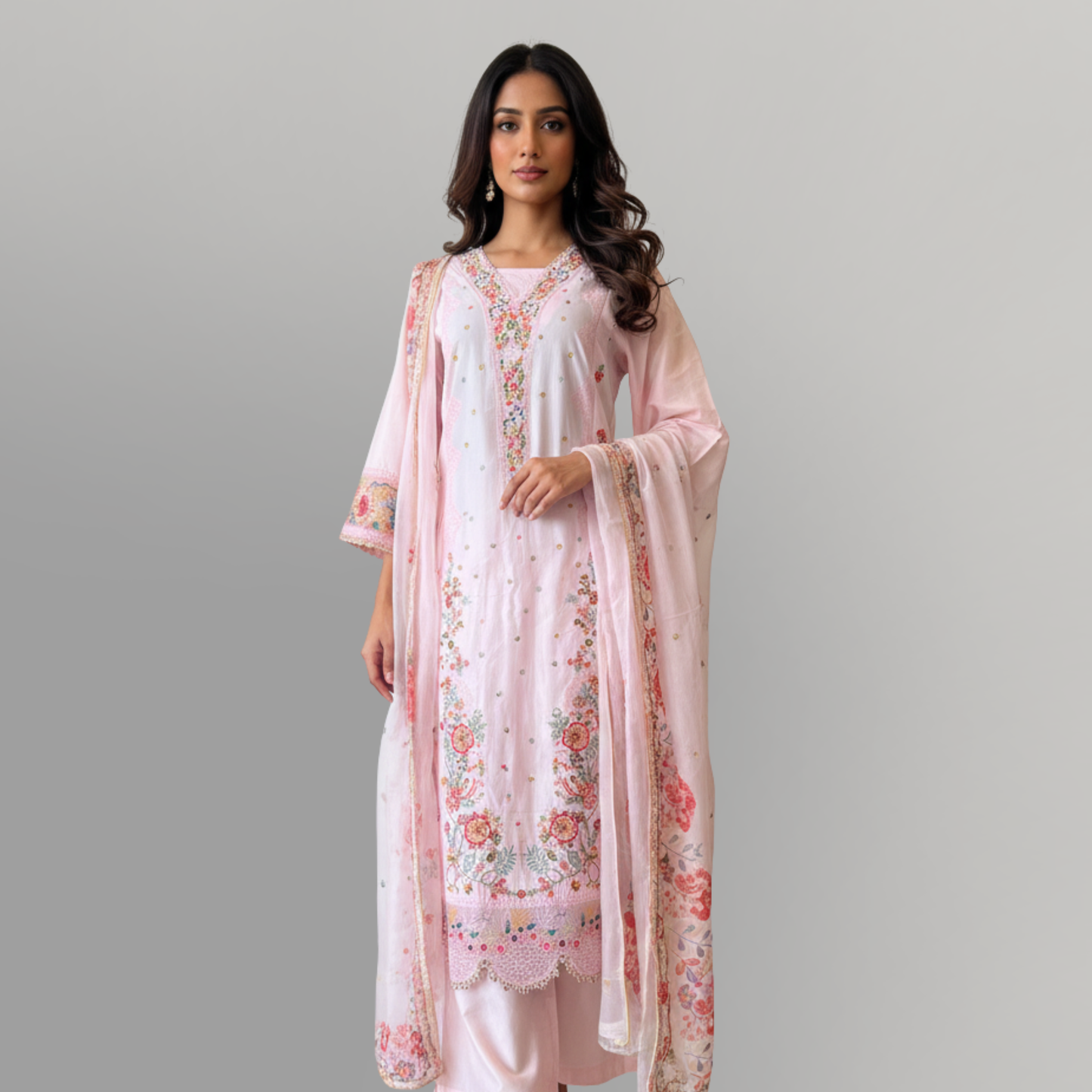 💚 Rose Quartz Embroidered 3-Piece Lawn cotton Suit