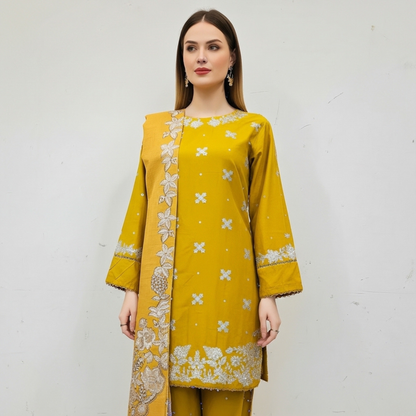 💚 Mustard Gold Heritage Embroidered 3-Piece Cotton Suit