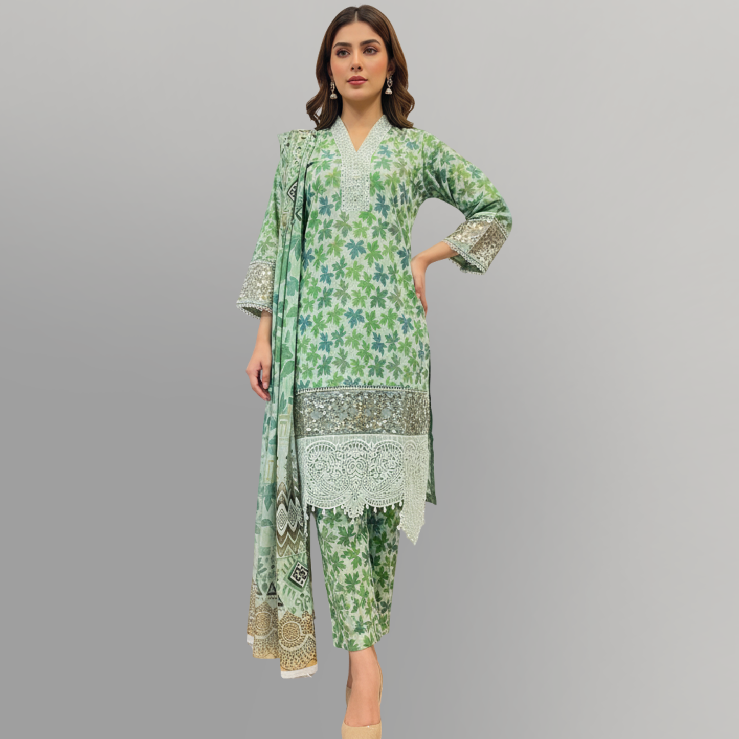 💚 Sage Serenity Embroidered 3-Piece Lawn Suit