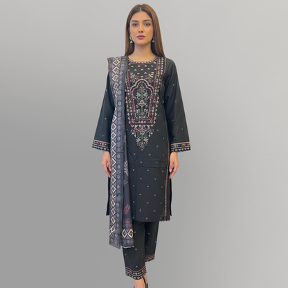 💚 Midnight Noir Embroidered 3-Piece Lawn Suit