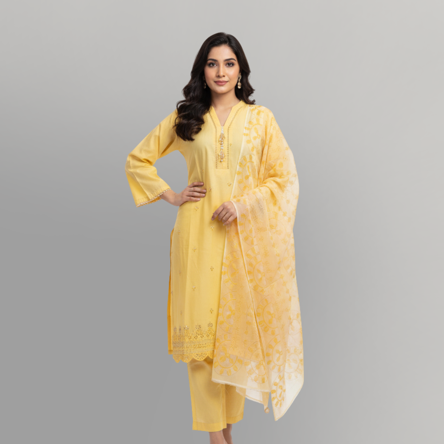 💚 Sunshine Glow Embroidered 3-Piece Lawn Suit