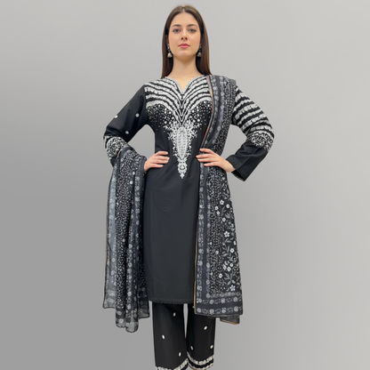 💚 Midnight Onyx Embroidered 3-Piece Cotton Suit