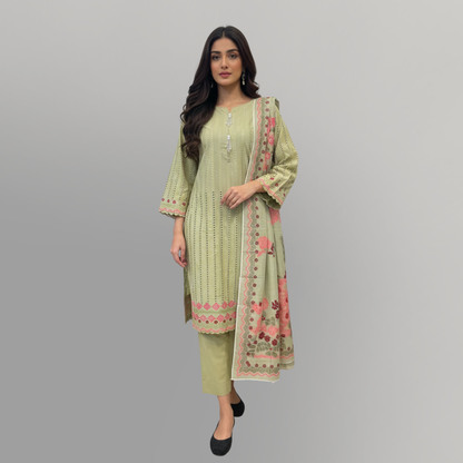 💚 Pistachio Allure Embroidered 3-Piece Lawn Suit