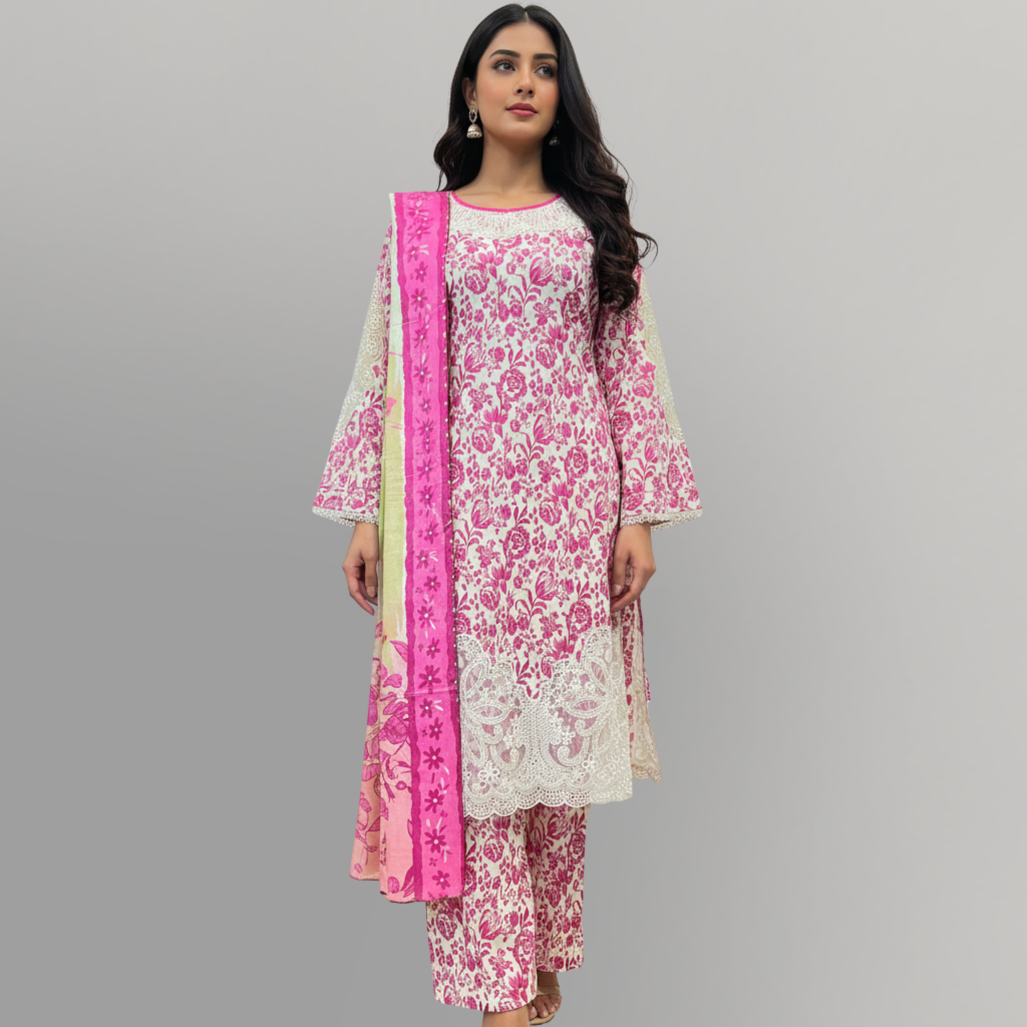 💚 Rose Radiance Embroidered 3-Piece Lawn Suit