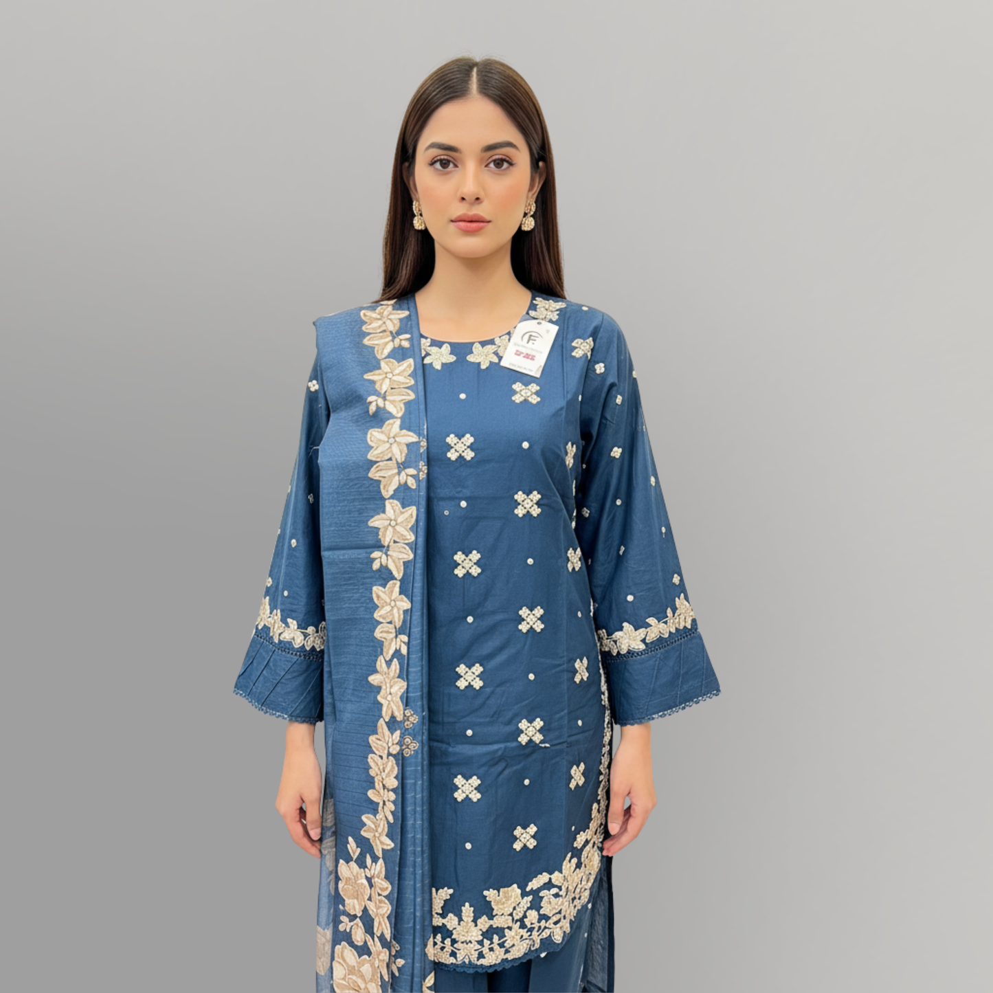 💚 Sapphire Haze Embroidered 3-Piece Cotton Suit