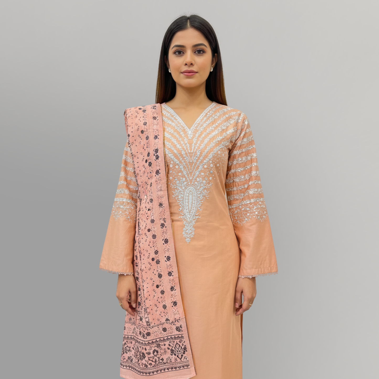 💚 Soft Apricot Glow Embroidered 3-Piece Cotton Suit