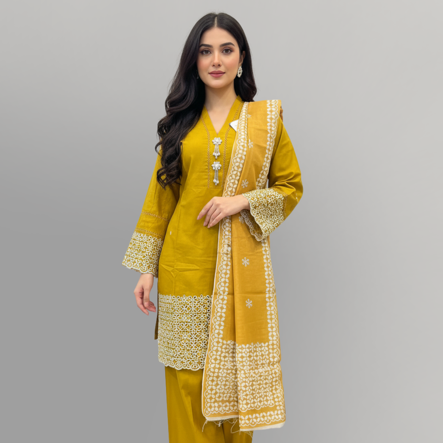 💚 Golden Citrine Embroidered 3-Piece Lawn Suit