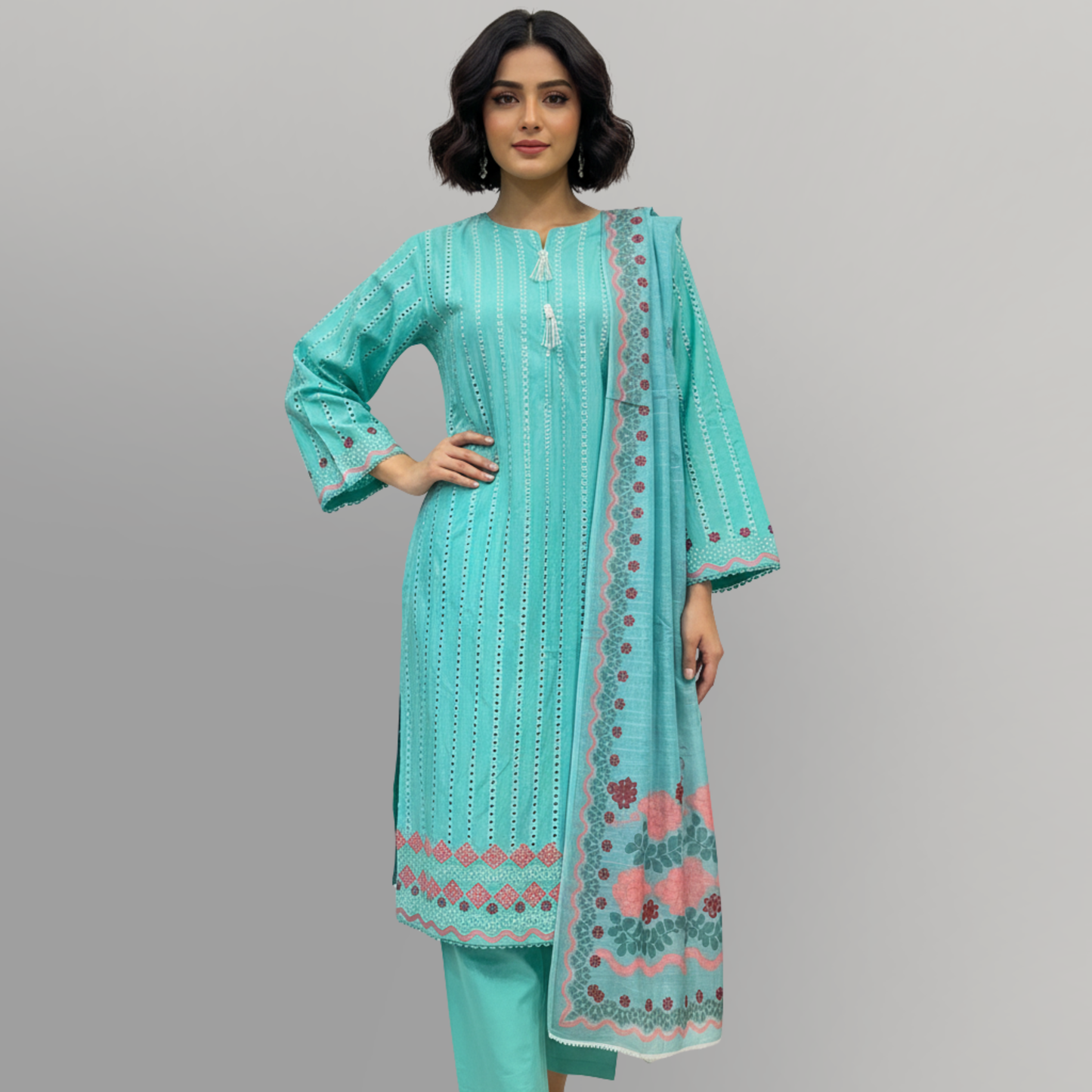 Teal Serenity Embroidered 3-Piece Lawn Suit