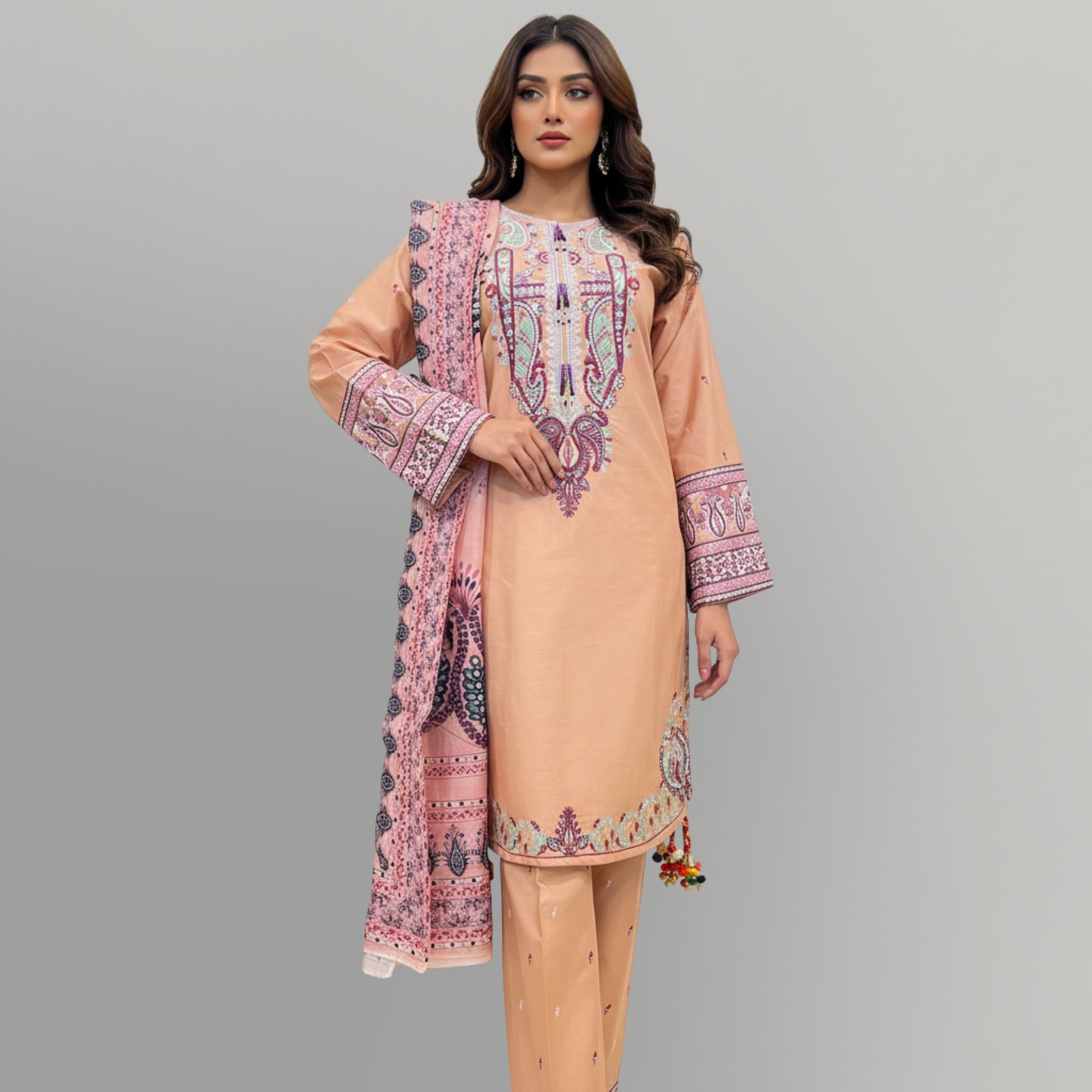 💚 Peach Nectar Embroidered 3-Piece Cotton Suit