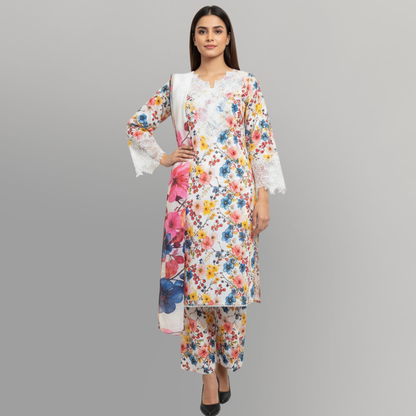 💚 White Floral Symphony Embroidered 3-Piece Lawn Suit