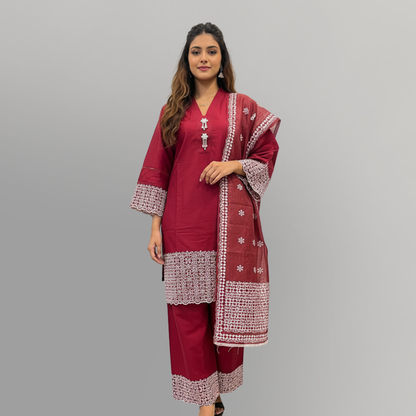 💚 Crimson Luxe Embroidered 3-Piece Lawn cotton Suit