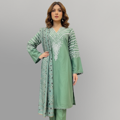 💚 Sea Green Serenity Embroidered 3-Piece Cotton Suit