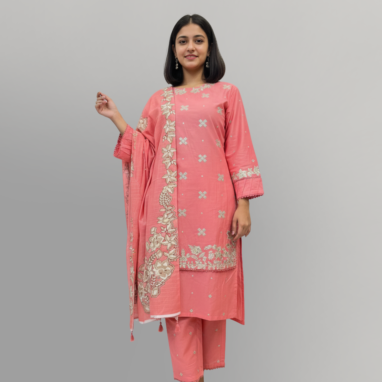 💚 Peach Radiance Embroidered 3-Piece Cotton Suit