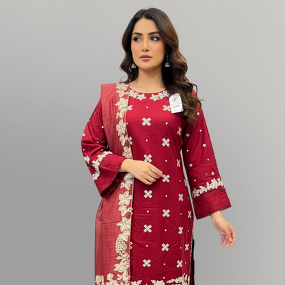 💚 Garnet Glow Embroidered 3-Piece Cotton Suit