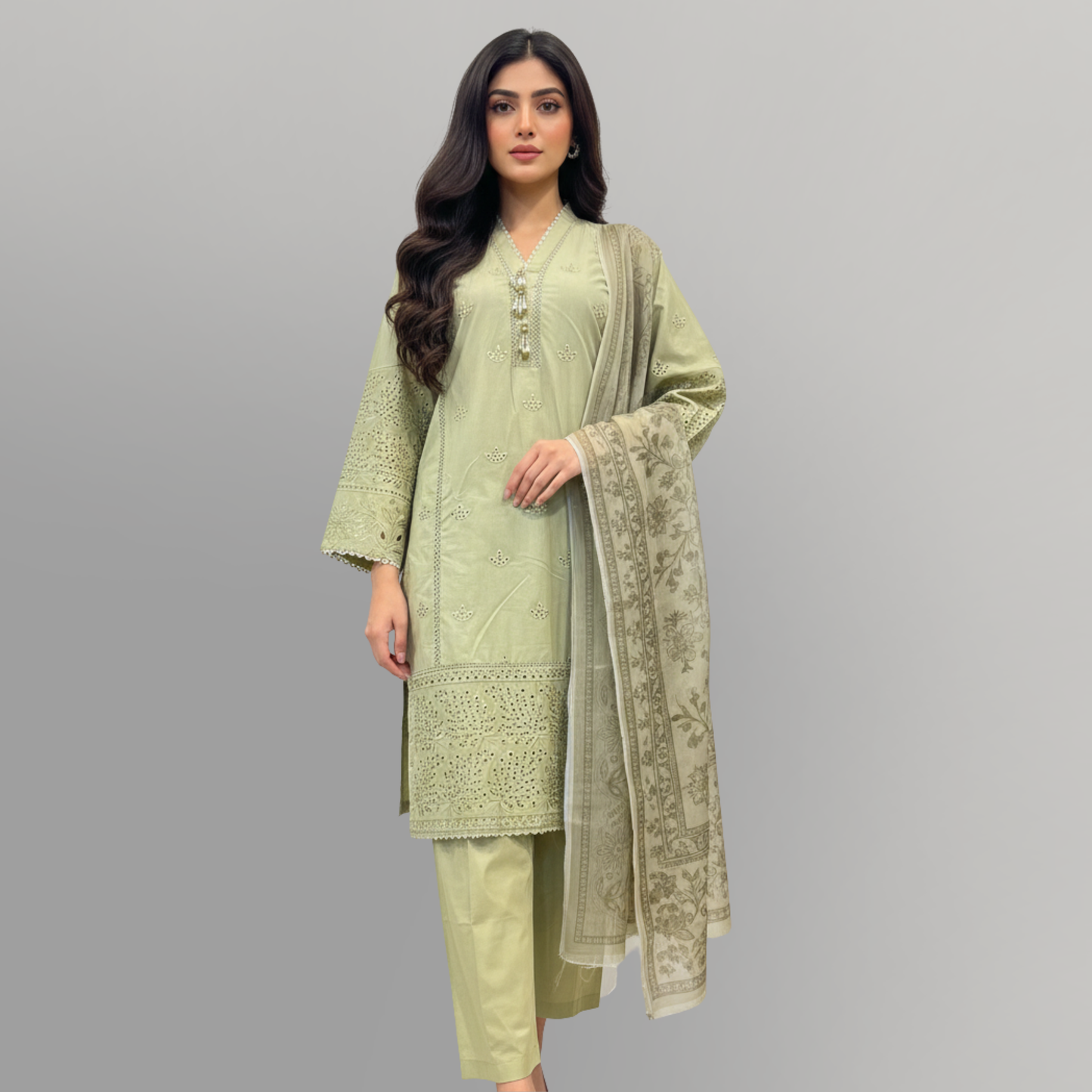 Sage Elegance Embroidered 3-Piece Lawn Suit