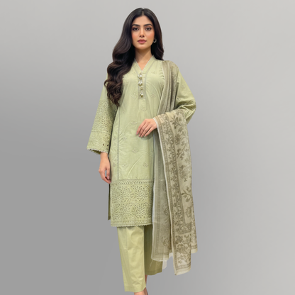 Sage Elegance Embroidered 3-Piece Lawn Suit