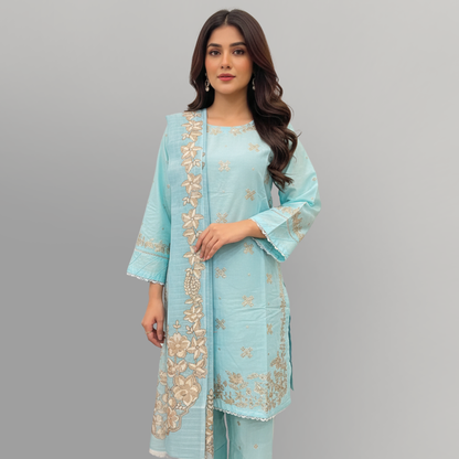 💚 Ferozi Azure Embroidered 3-Piece Cotton Suit
