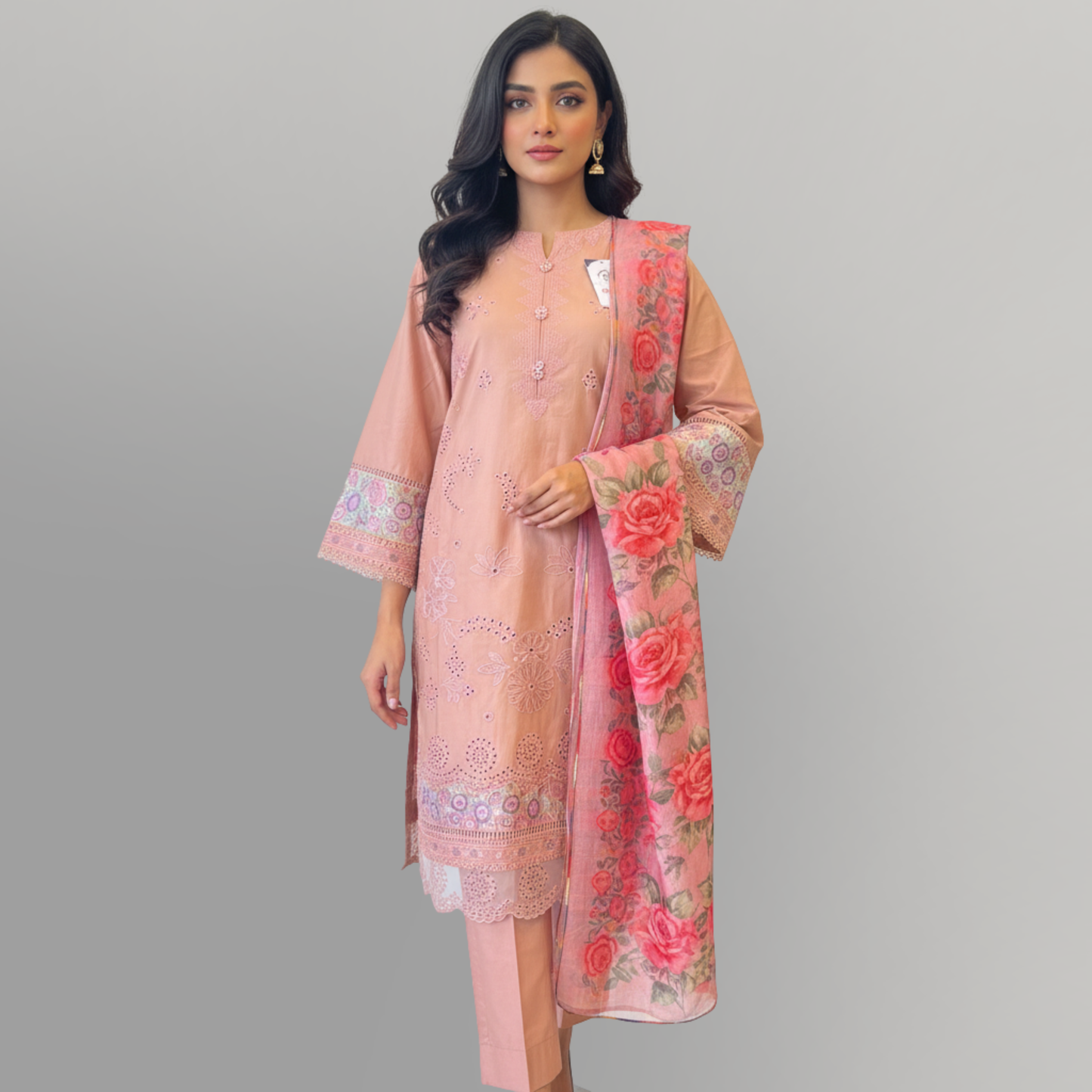 💚 Peach Blossom Embroidered 3-Piece Lawn Suit