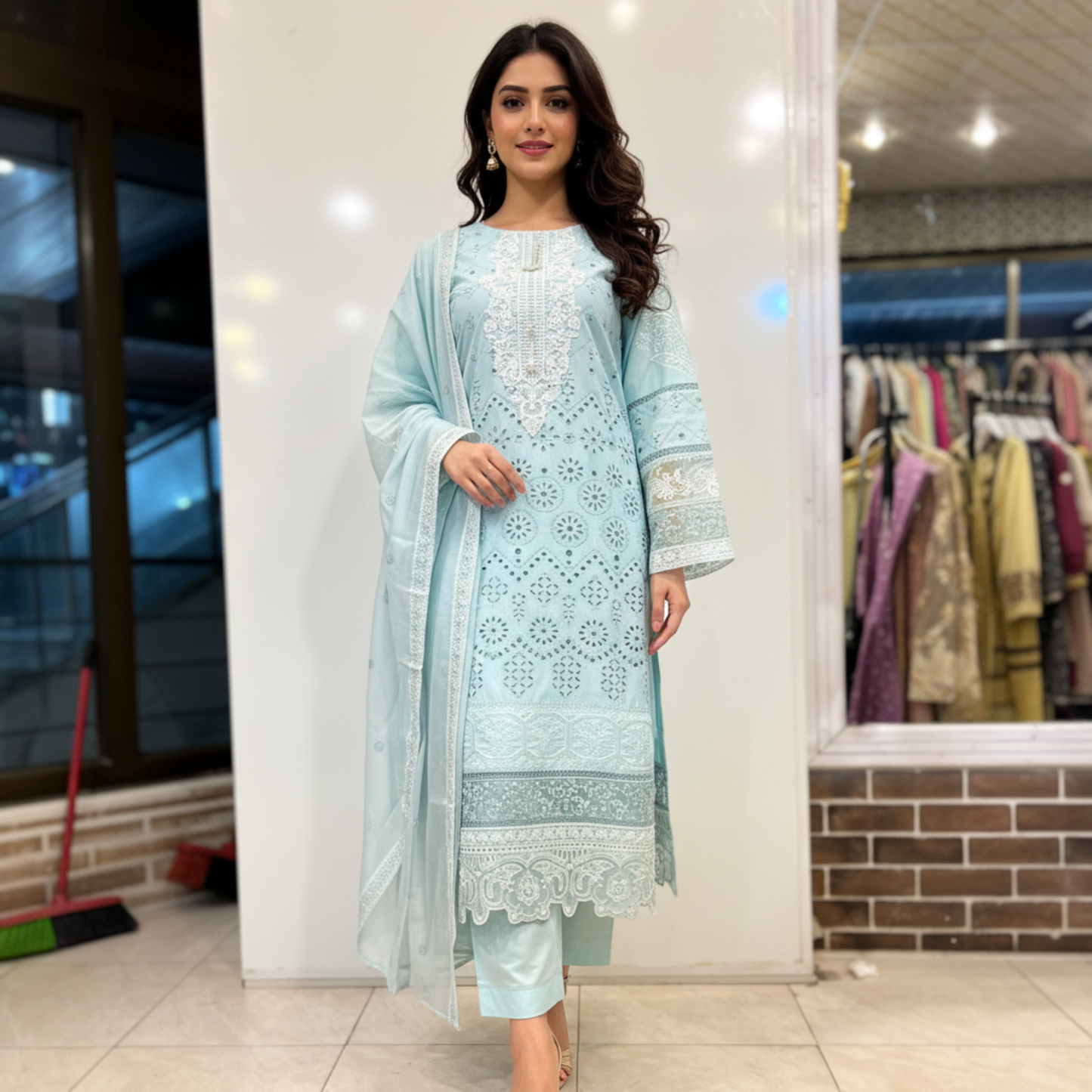 💚 Azure Frost Embroidered 3-Piece Lawn Suit