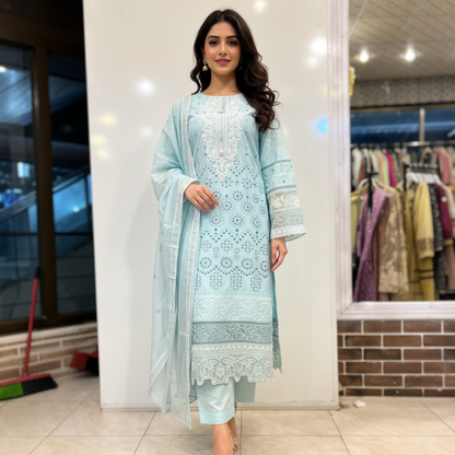 💚 Azure Frost Embroidered 3-Piece Lawn Suit