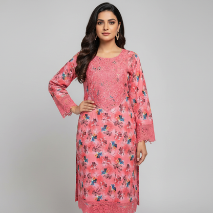 💚 Coral Bloom Embroidered 3-Piece Lawn Suit