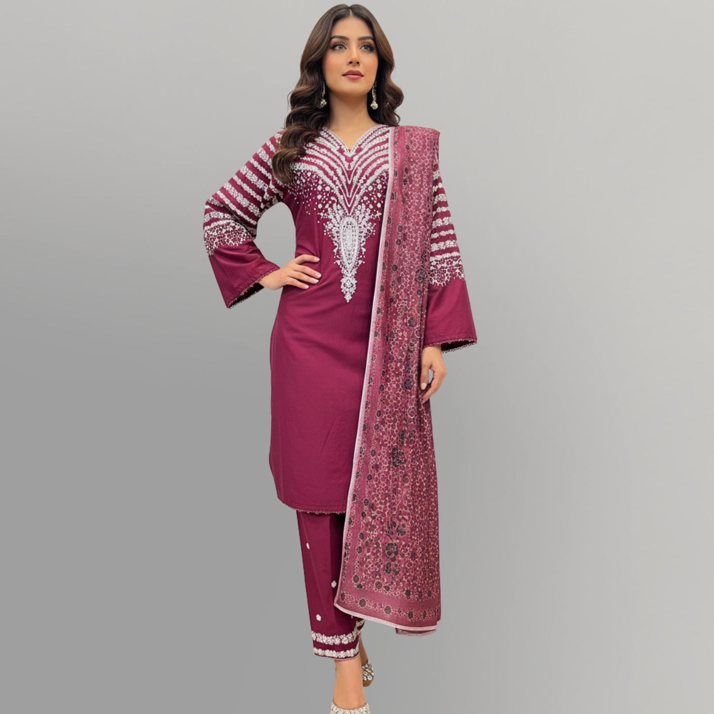 💚 Burgundy Bliss Embroidered 3-Piece Cotton Suit