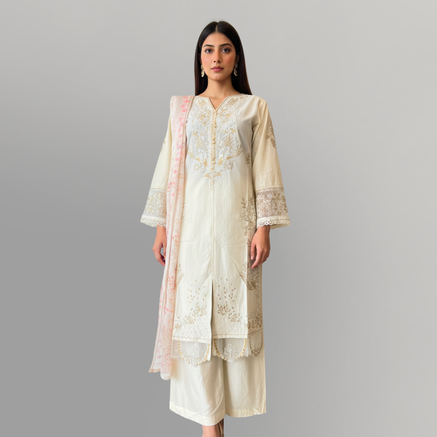 💚 Ivory Gold Luxe Embroidered 3-Piece Lawn Suit