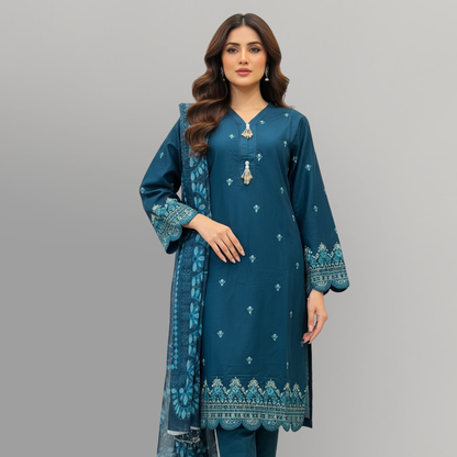 💚 Teal Sapphire Sequined Embroidered 3-Piece Lawn Suit