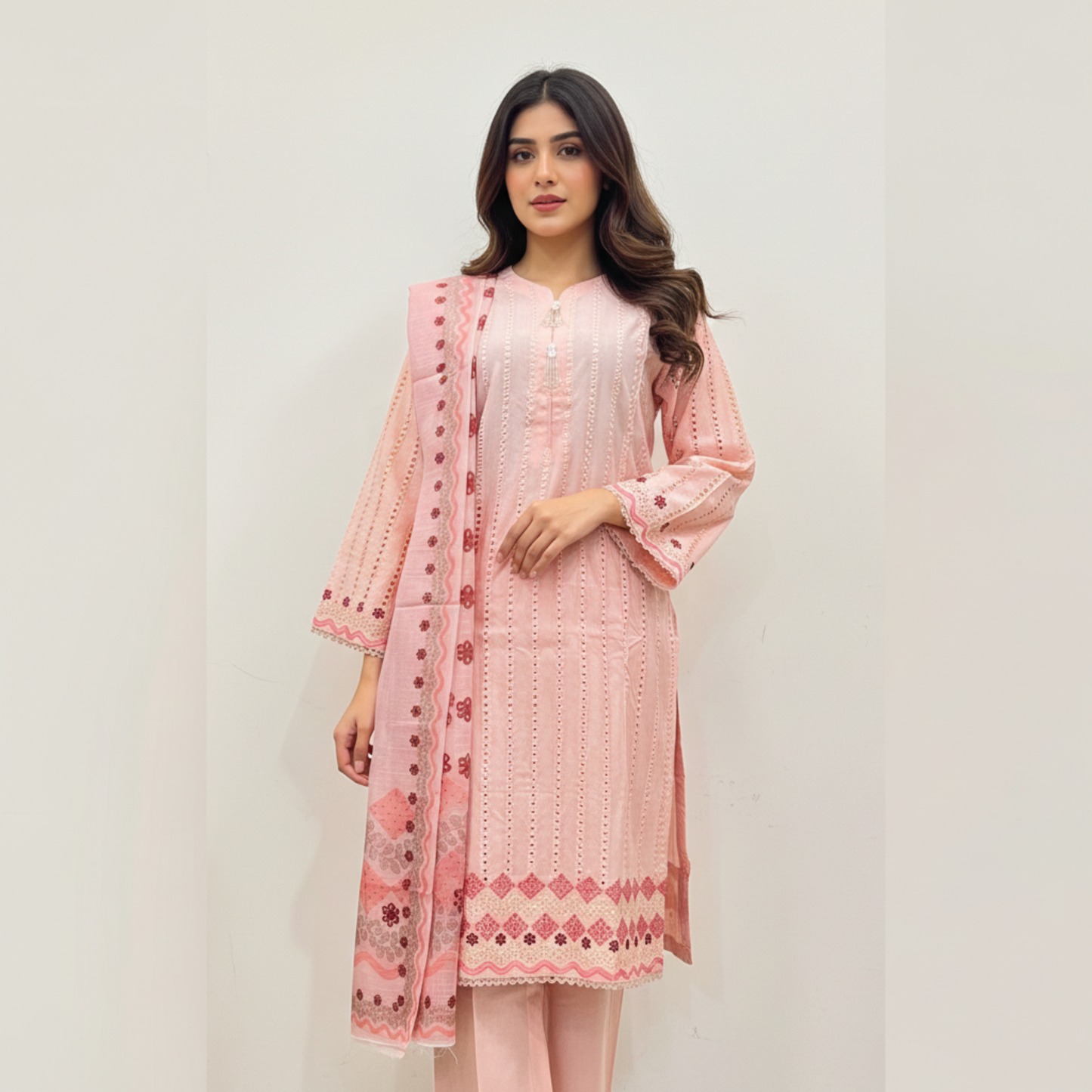 💚 Peach Blossom Embroidered 3-Piece Lawn Suit
